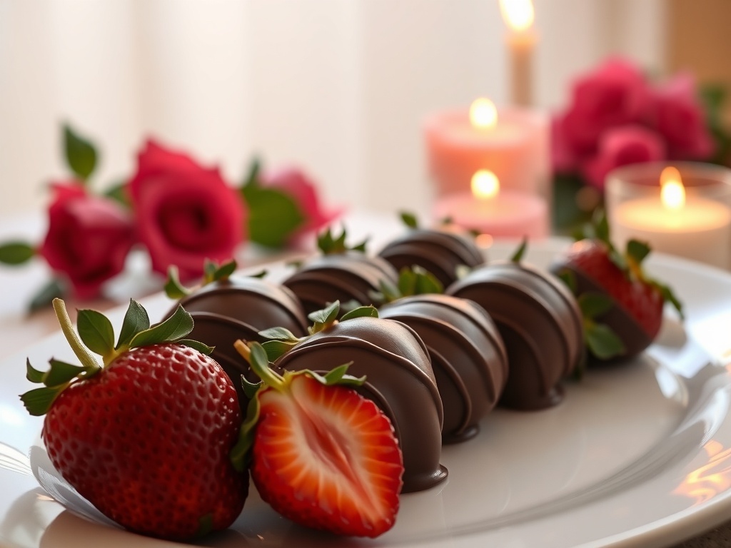 A plate of chocolate-covered strawberries with roses and candles in the background.