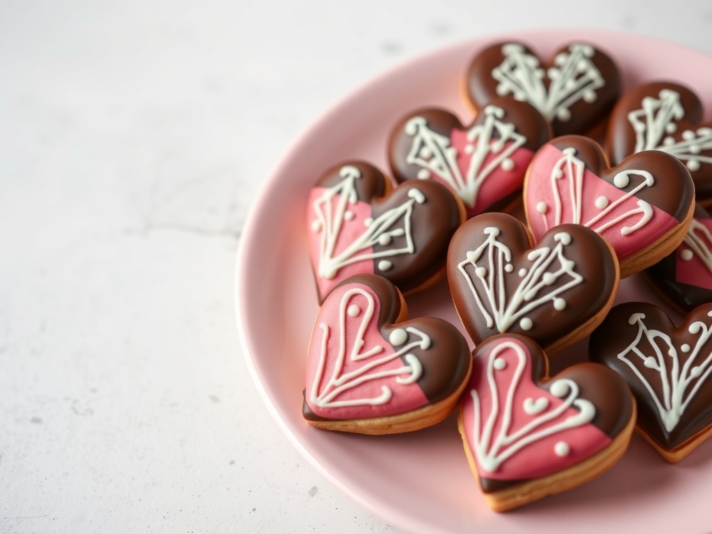 Chocolate-dipped heart-shaped cookies with decorative icing on a pink plate.