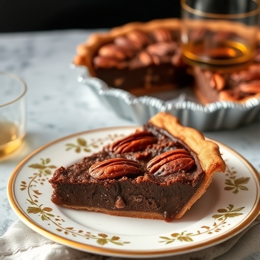 A slice of Chocolate Bourbon Pecan Pie on a decorative plate, with whole pecans on top and a pie in the background.