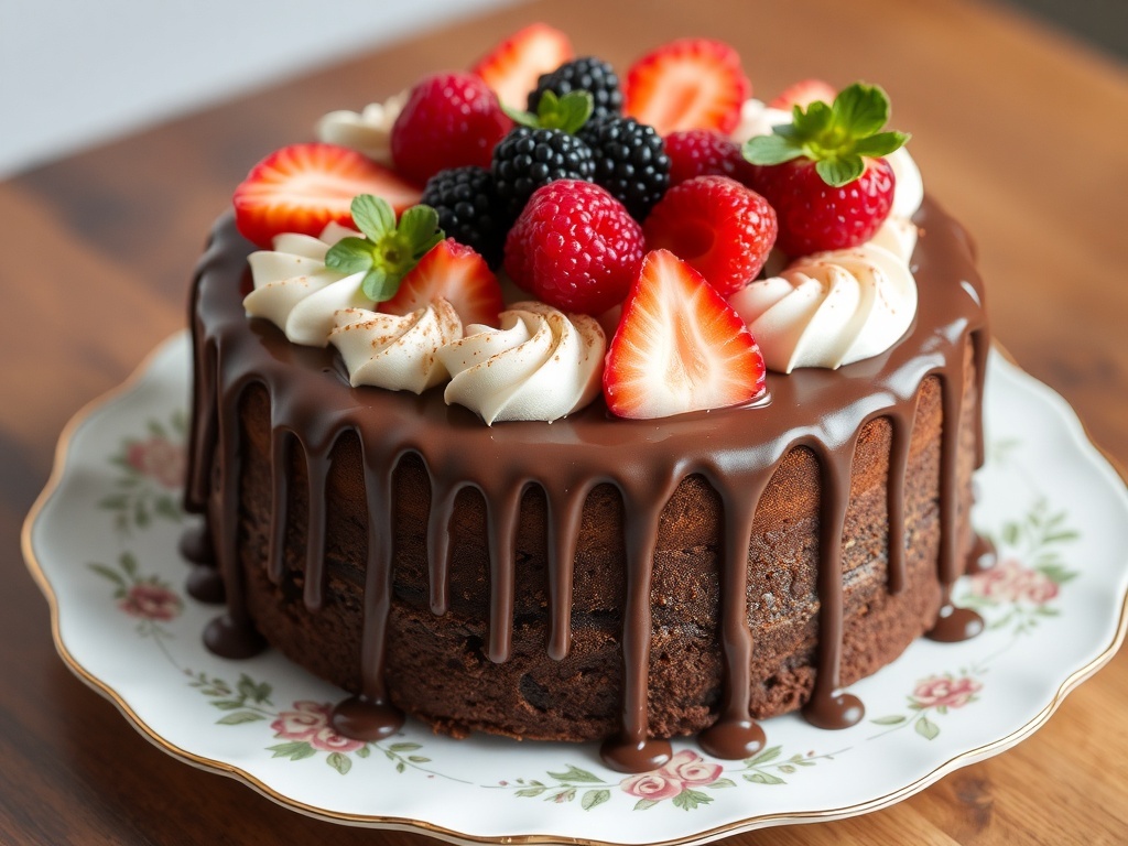 A chocolate drip cake decorated with fresh strawberries and blackberries on a decorative plate.