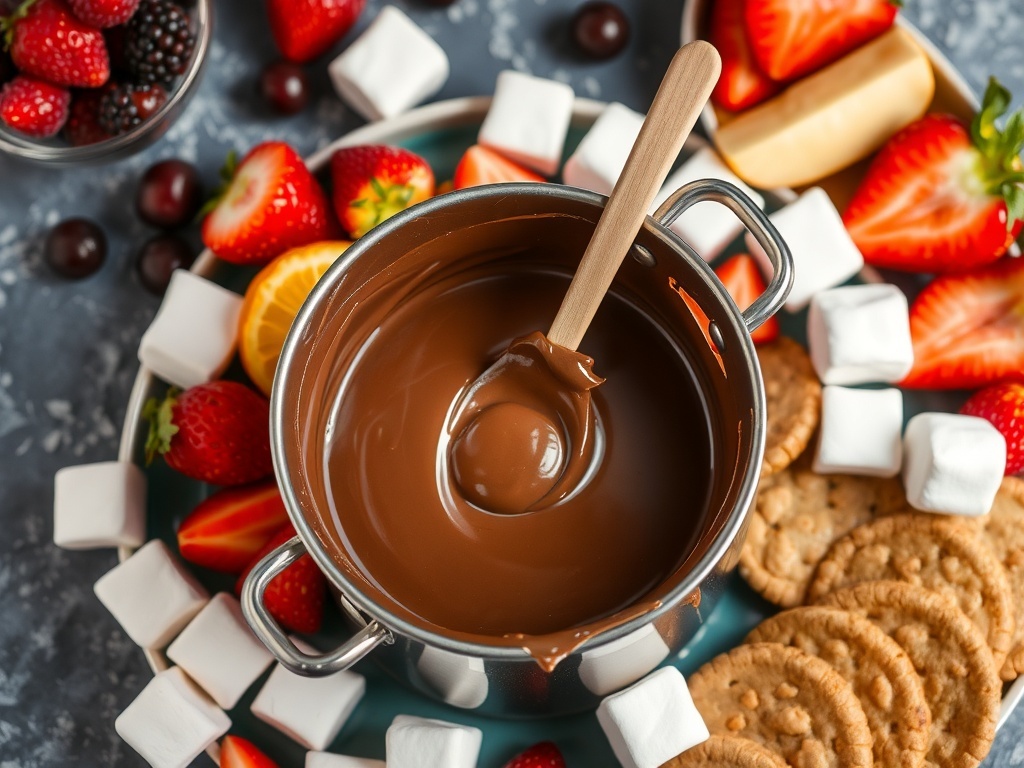 A pot of melted chocolate surrounded by fresh fruits and cookies for dipping.