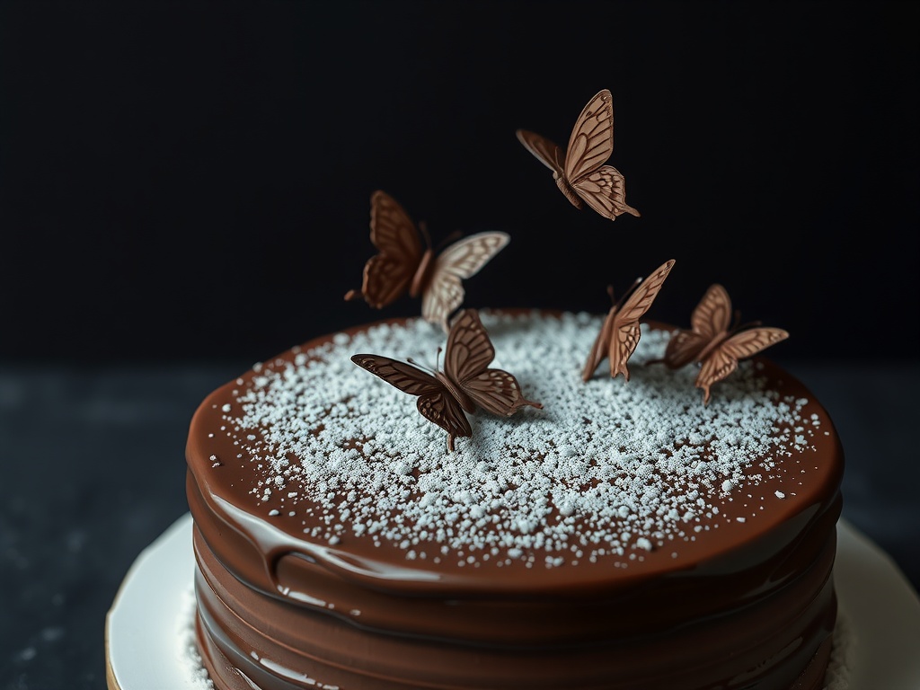 A chocolate ganache cake topped with chocolate butterflies and powdered sugar