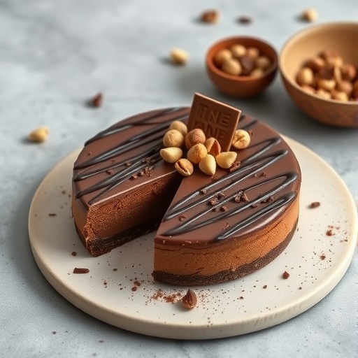 A chocolate hazelnut pie with a slice cut out, topped with hazelnuts and chocolate drizzle.