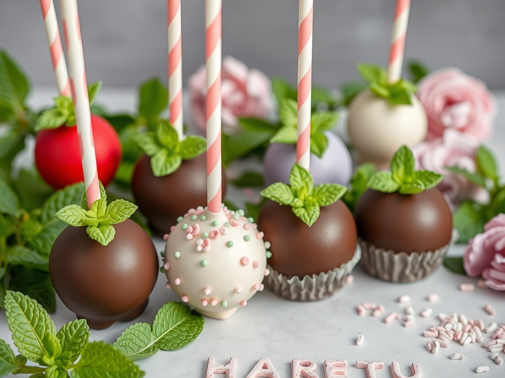 Chocolate Mint Love Bugs cake pops decorated with mint leaves and sprinkles.