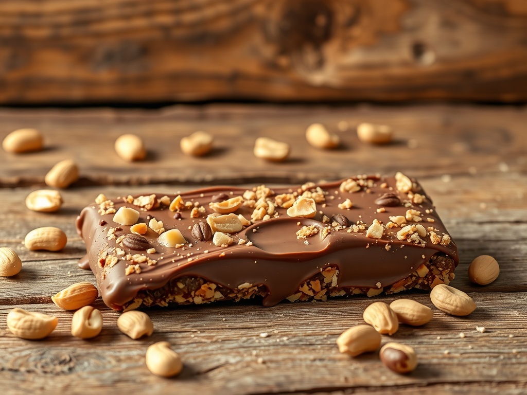Chocolate peanut butter crunch bar on a wooden table with peanuts scattered around.