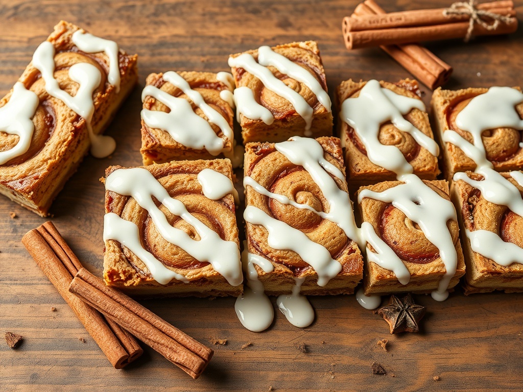 Cinnamon Roll Protein Bars drizzled with icing, surrounded by cinnamon sticks.