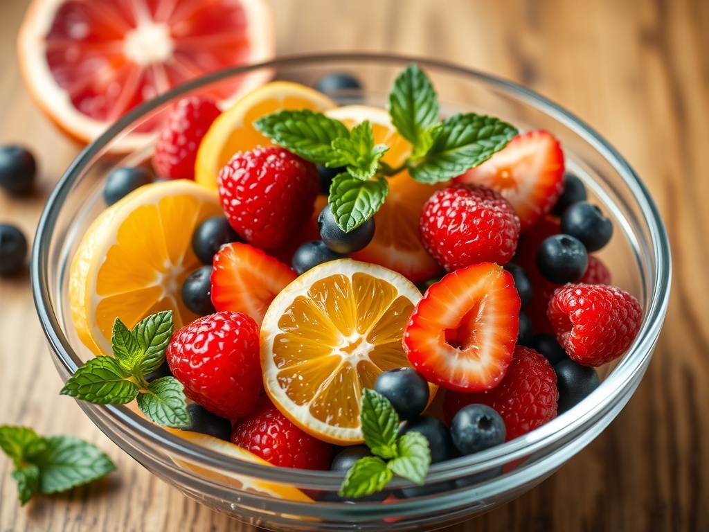 A bowl of colorful fruit salad with strawberries, blueberries, raspberries, orange slices, and lemon slices garnished with mint leaves.