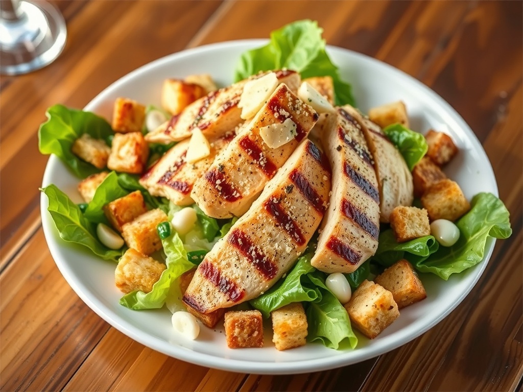 A plate of Classic Caesar Salad with Grilled Chicken featuring greens and croutons.