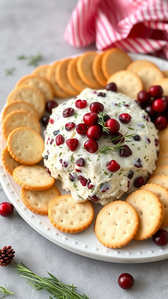 A festive cheeseball made with cream cheese and cranberries, surrounded by crackers.