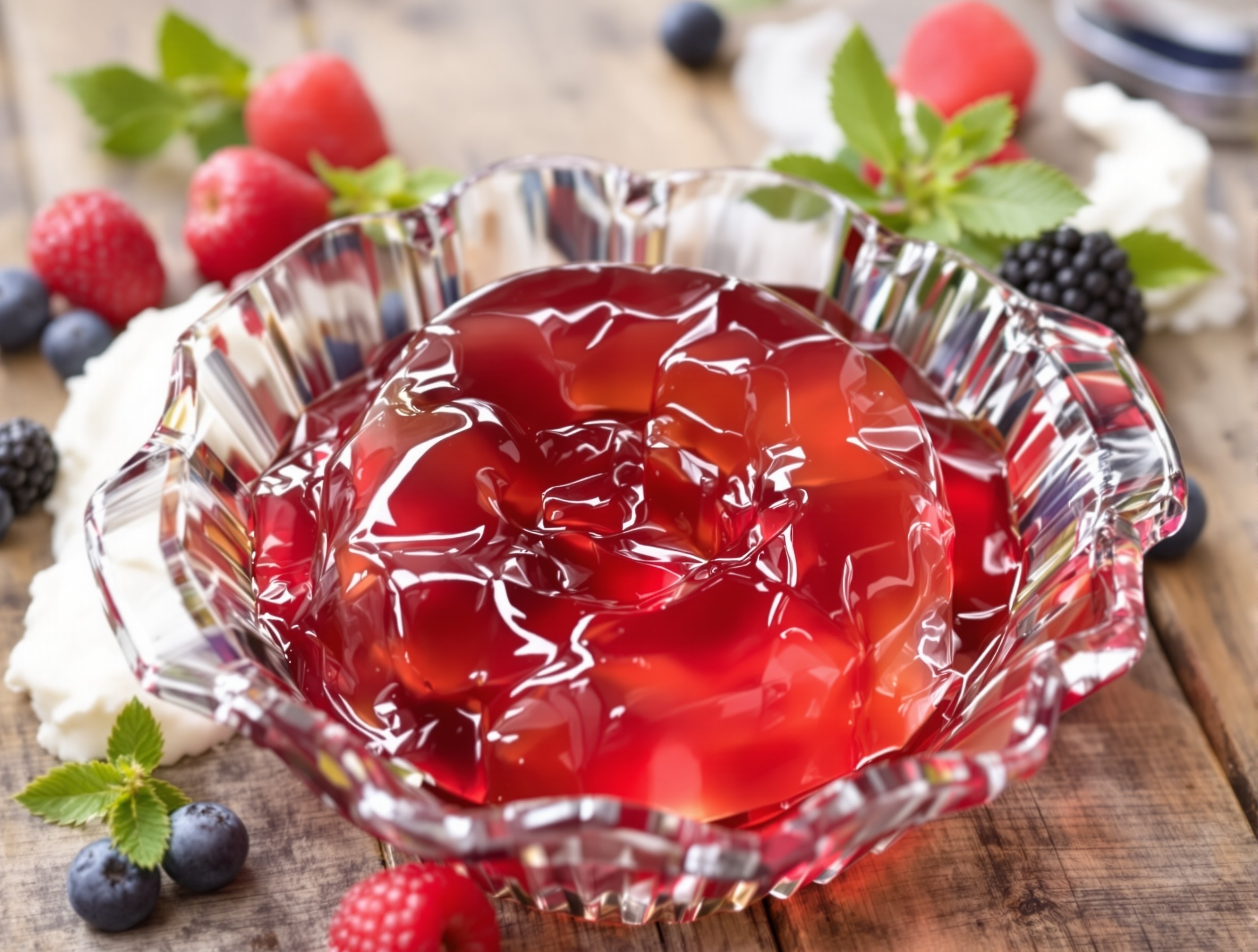 Translucent hartshorn jelly in a vintage mold, served with fresh berries and cream on a rustic table.