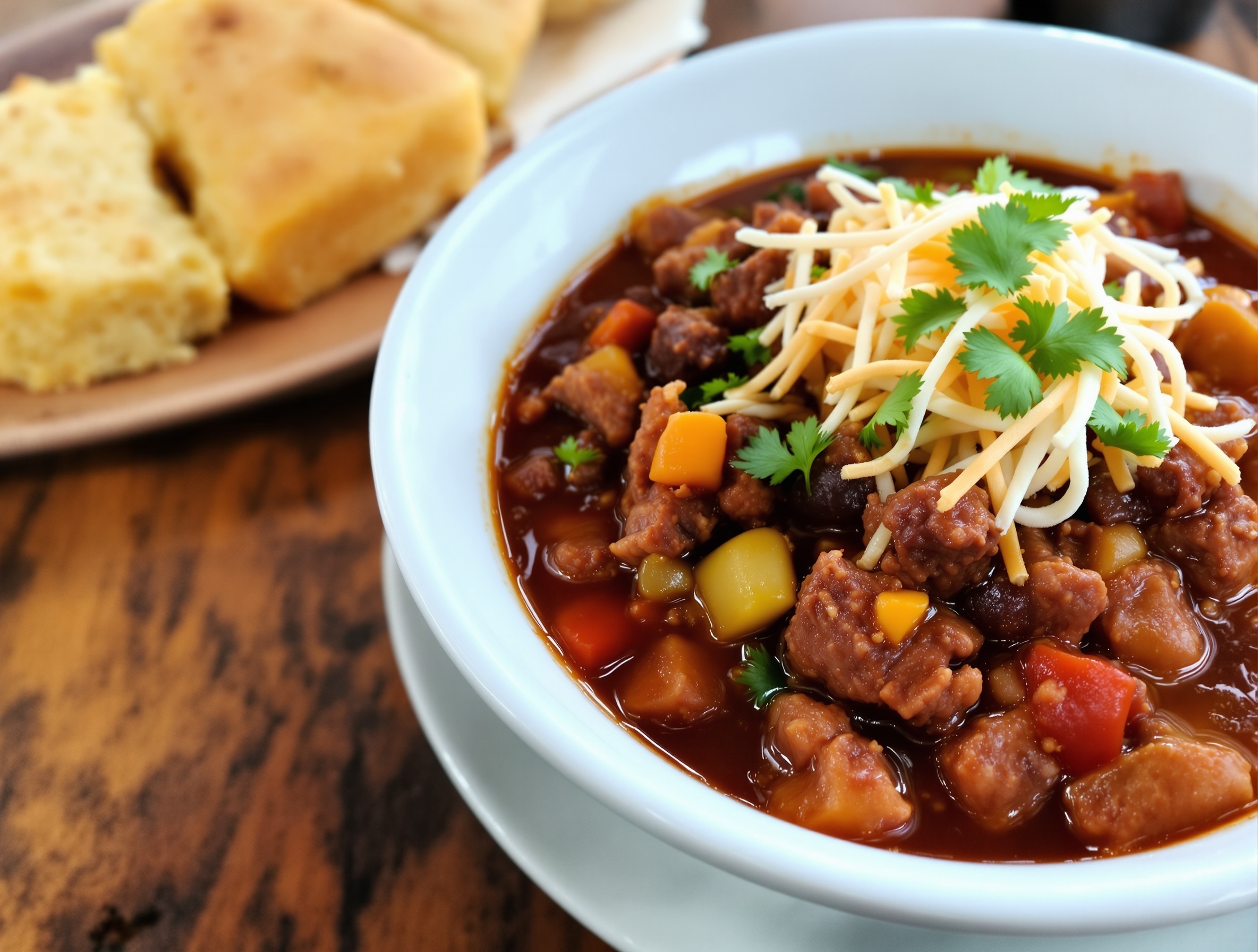 A bowl of Texas chili with beef, bell peppers, cheese, and cilantro on a wooden table with cornbread.