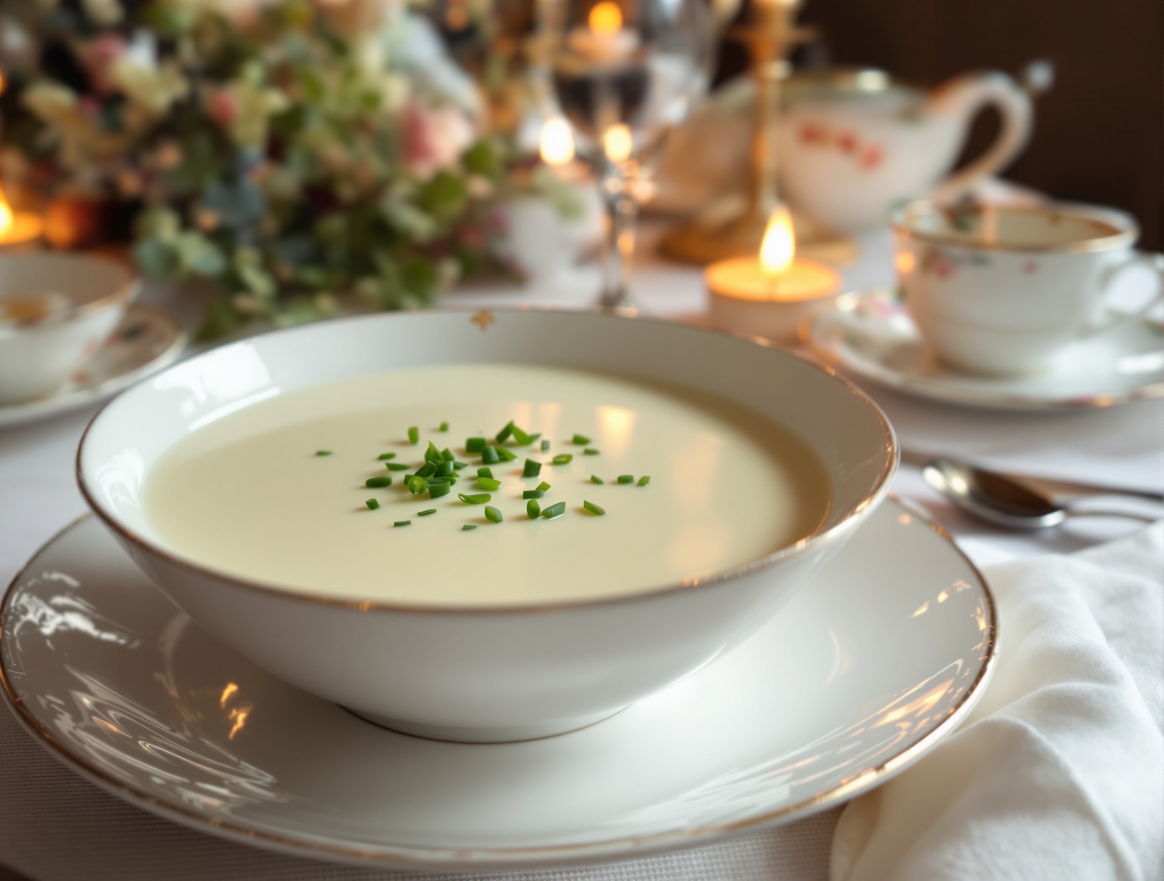 A bowl of creamy white soup garnished with chives, set on a vintage dining table.