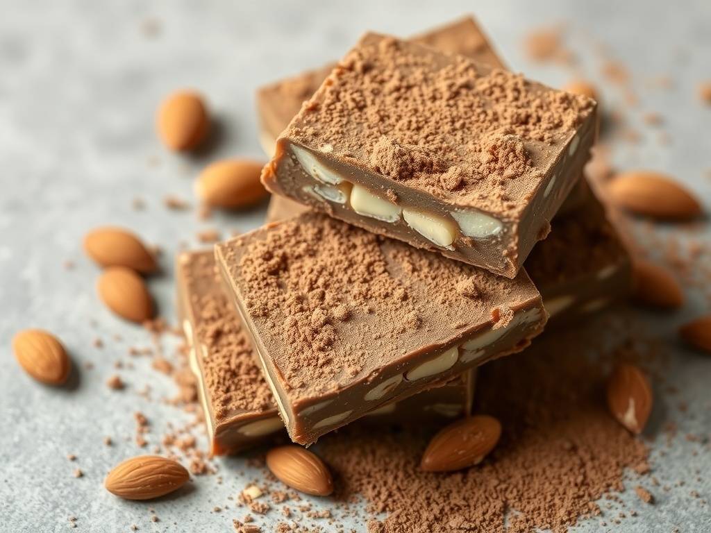 Cocoa Almond Joy Bars stacked with almonds scattered around