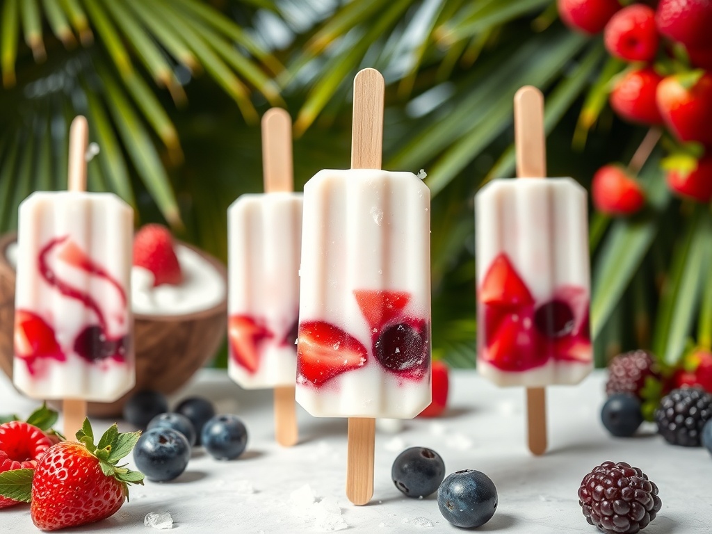 Coconut Berry Paradise popsicles with strawberries and blueberries