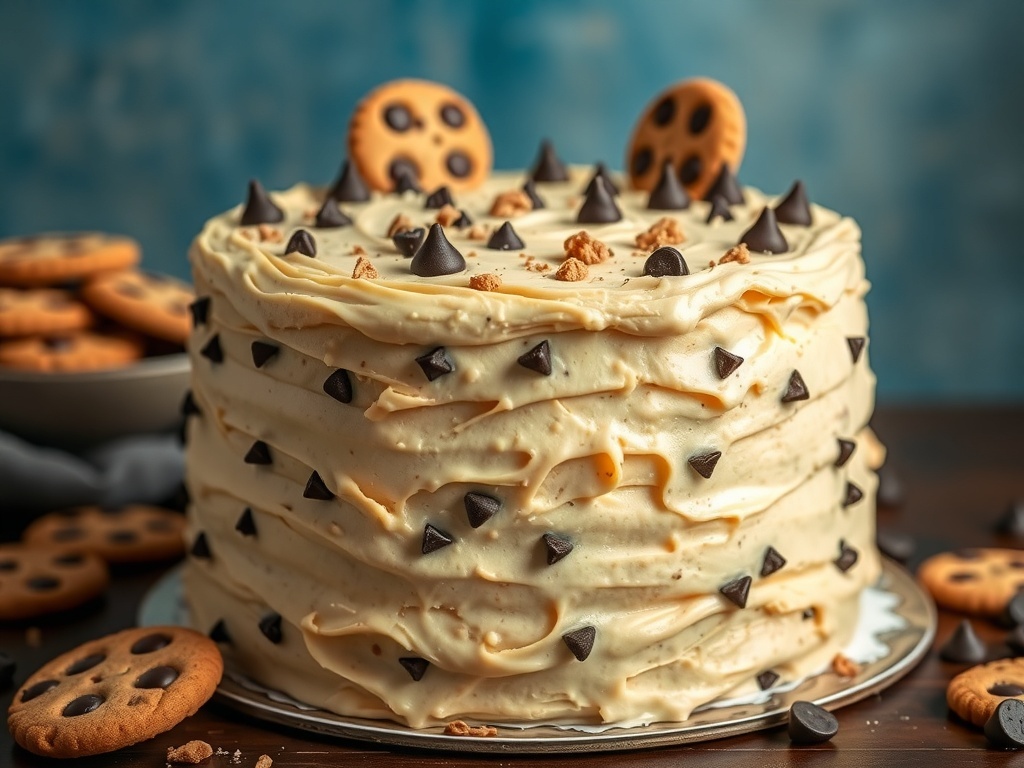 A delicious Cookie Dough Layer Cake decorated with chocolate chips and mini cookies.