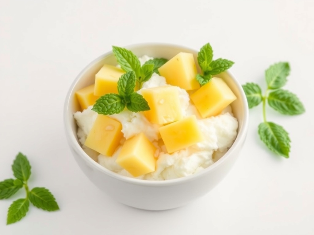 A bowl of cottage cheese topped with pineapple chunks and mint leaves.