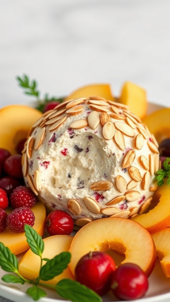 A festive cranberry almond cream cheese ball surrounded by fresh fruits and garnished with mint leaves.