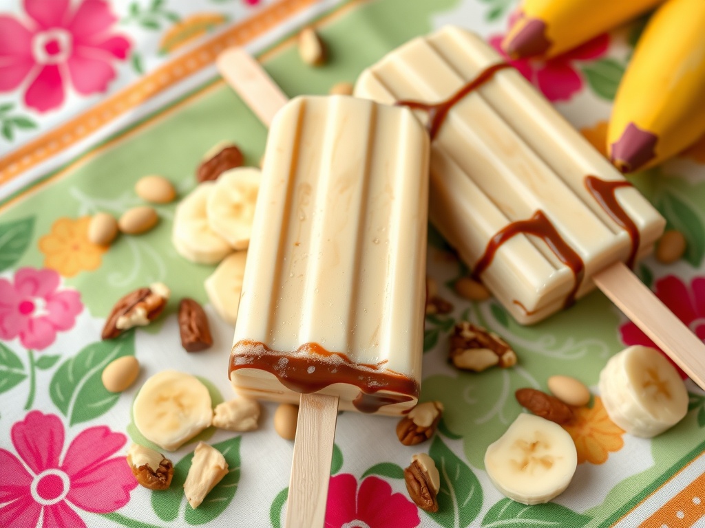 Creamy banana split pops on a colorful floral tablecloth with nuts and banana slices.