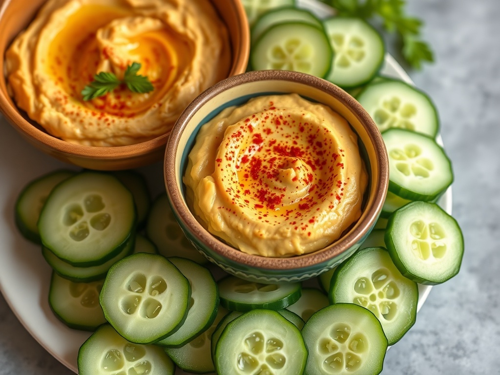 Cucumber slices arranged around two bowls of hummus, garnished with paprika and parsley.