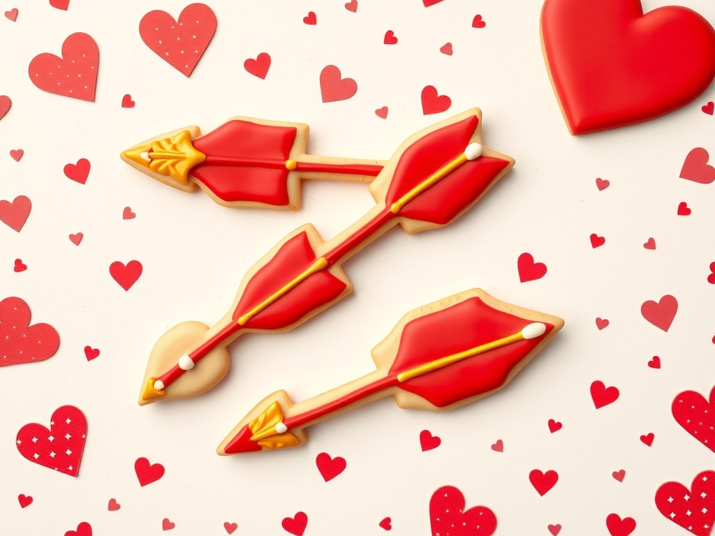 Cupid's arrow cookies decorated with red icing on a background of hearts