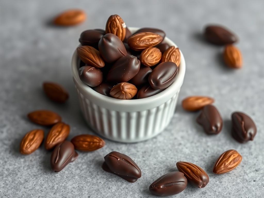 A bowl of dark chocolate-covered almonds on a gray surface.