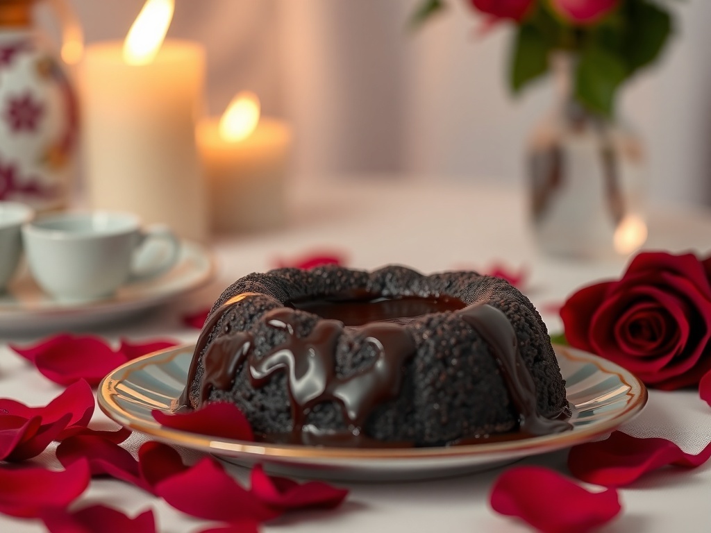 A delicious chocolate lava cake drizzled with chocolate sauce, surrounded by rose petals and candles.