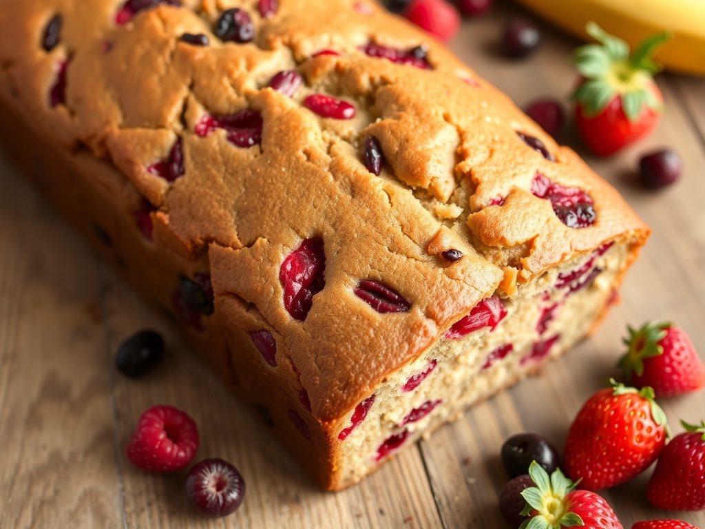 A loaf of berry banana bread with slices showing cranberries, raspberries, and strawberries, on a rustic wooden table.