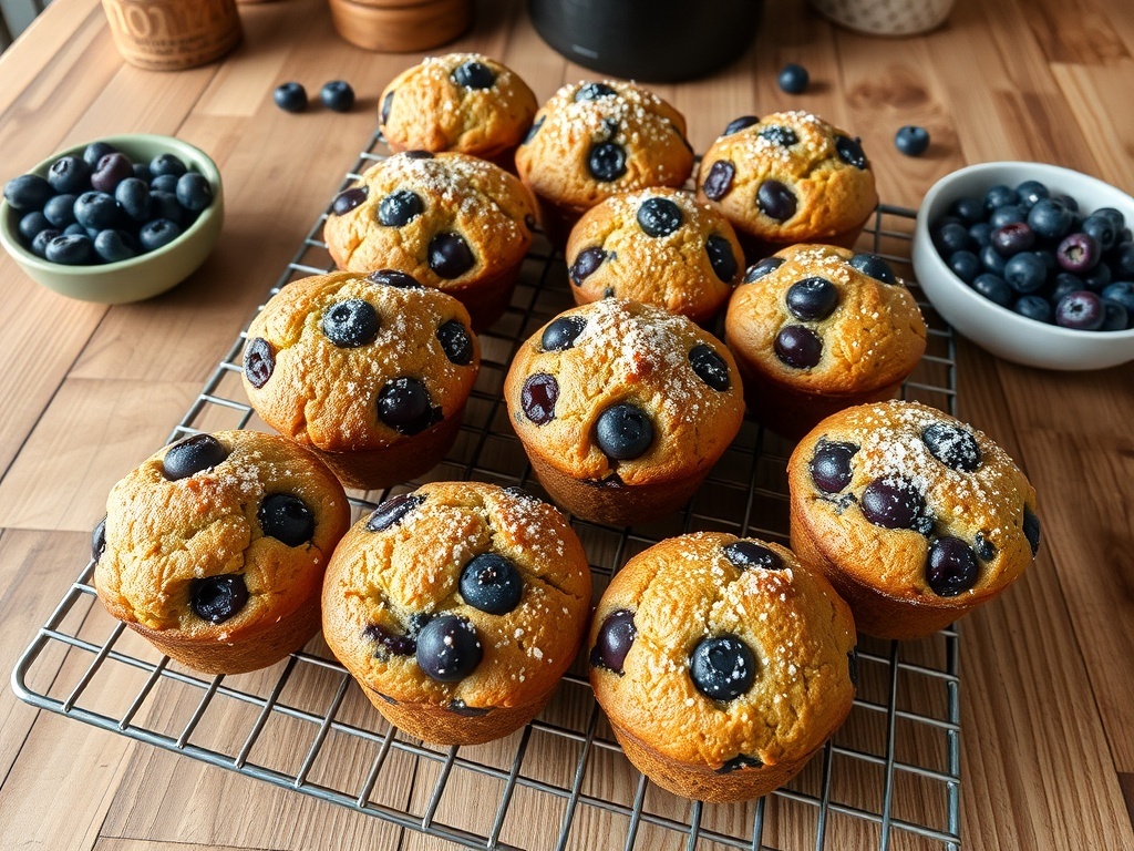 Freshly baked blueberry and date muffins on a wire rack with blueberries in the background.