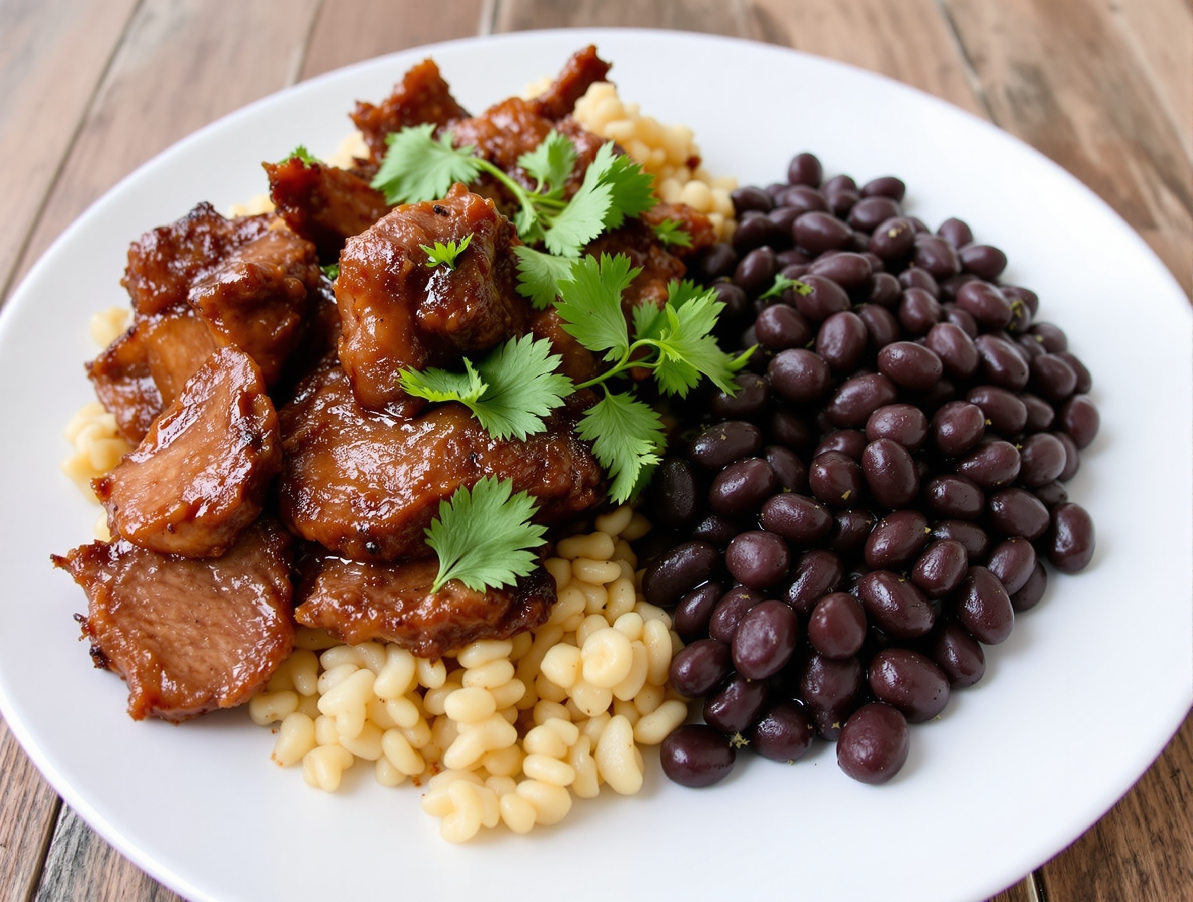A plate of caramelized beef and beans garnished with cilantro on a rustic wooden table.