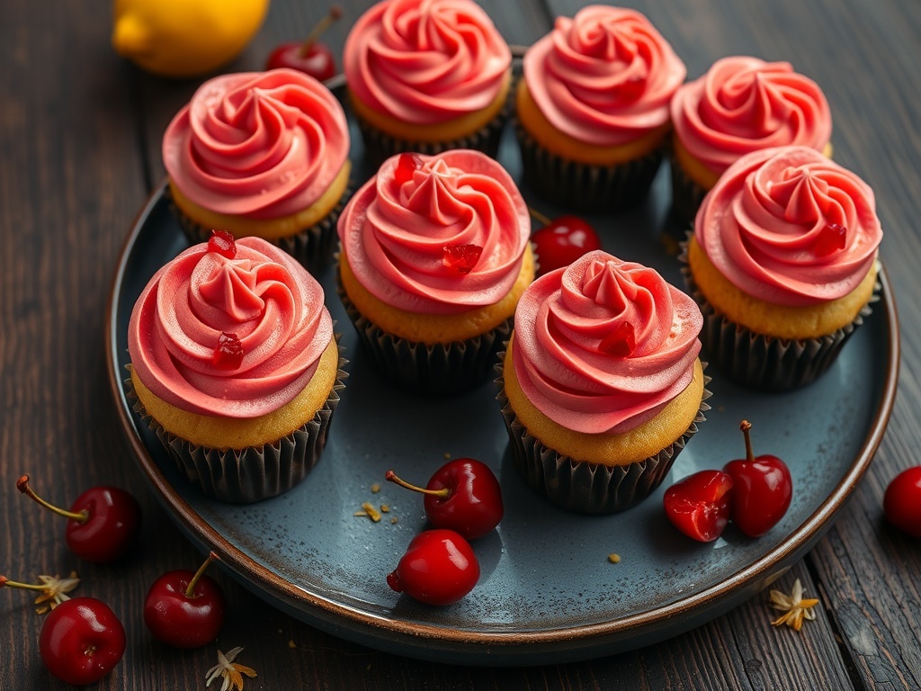 Lemon cherry cupcakes with buttercream frosting, garnished with cherries and lemon zest on a rustic table.