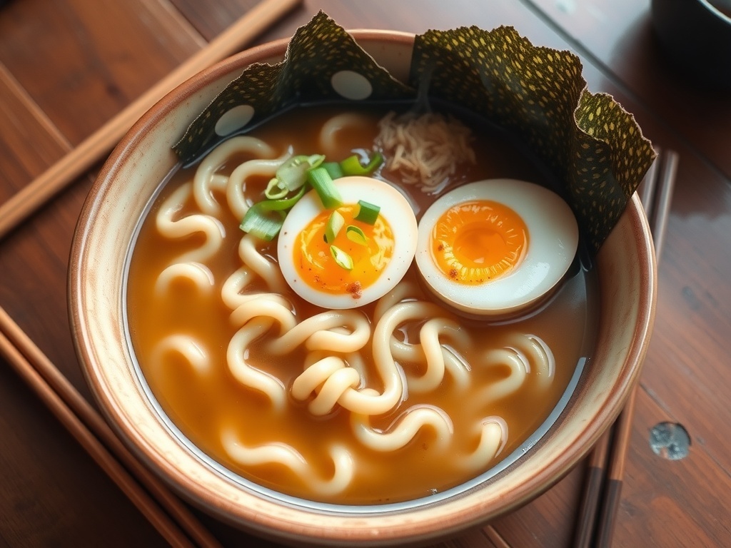A bowl of pork broth ramen with noodles, soft-boiled egg, green onions, and nori on a wooden table.