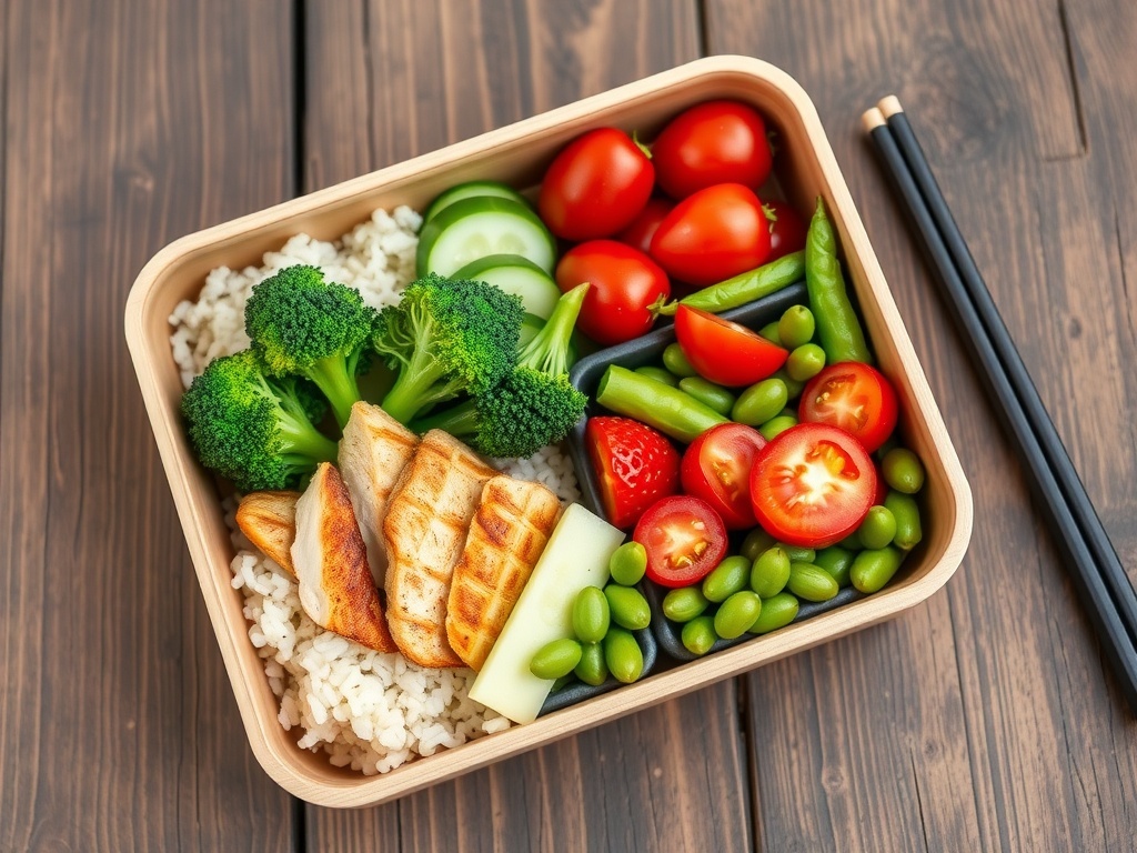 A cute bento box with rice, chicken, broccoli, cucumbers, tomatoes, edamame, and strawberries on a wooden table.