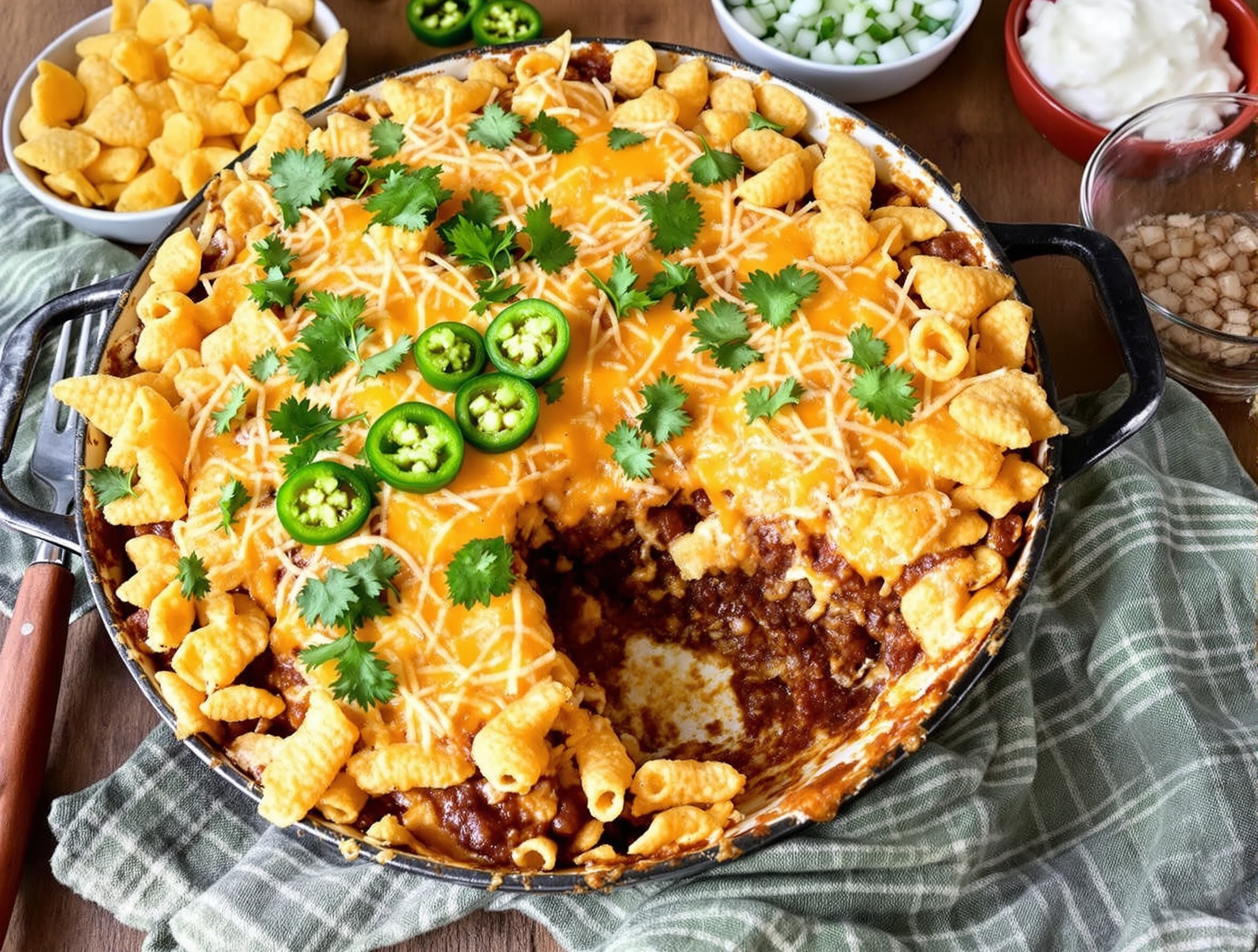 A hearty Texas chili cheese Frito pie with layers of Fritos, chili, and cheese, garnished with cilantro and jalapeños.