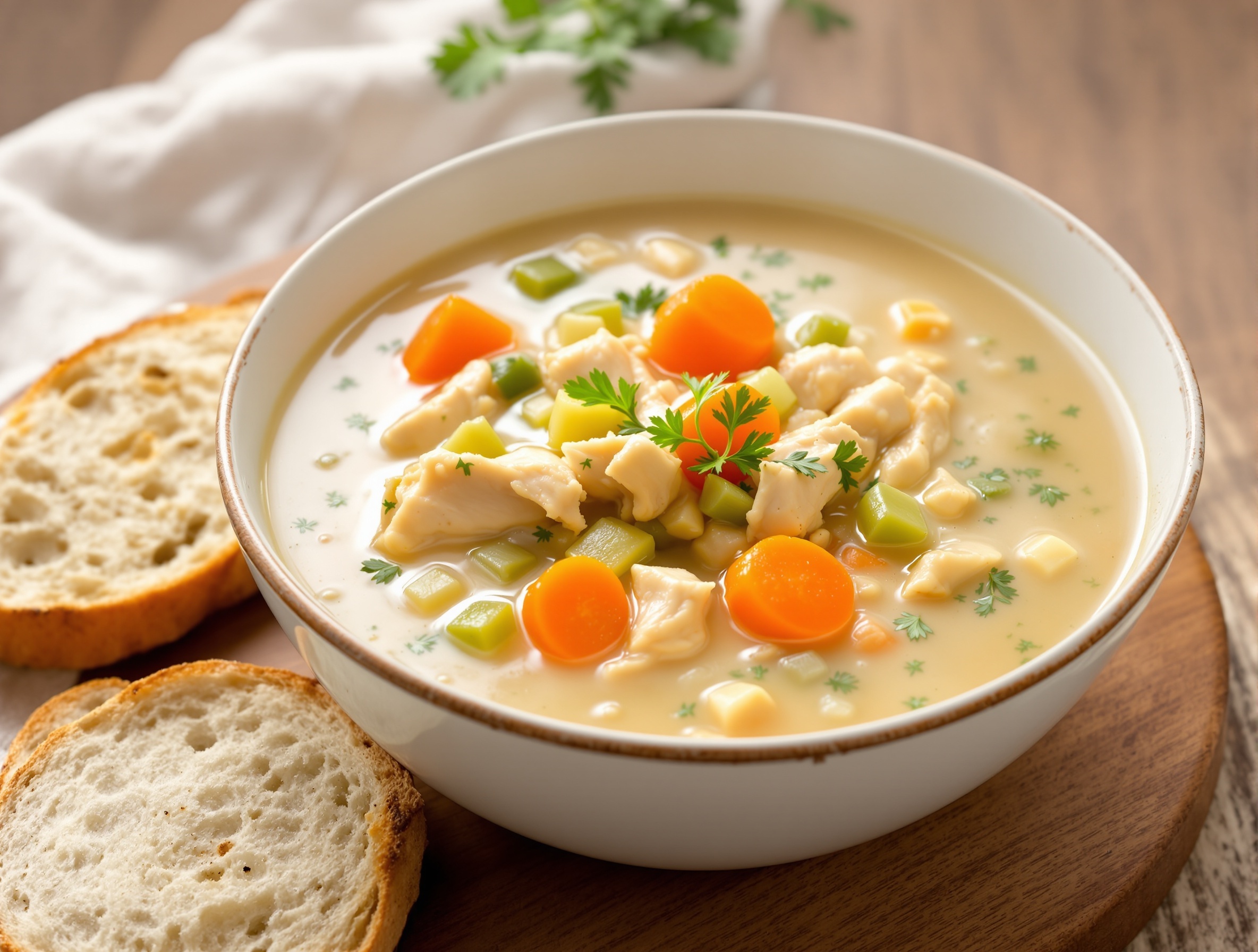 A bowl of creamy chicken soup with shredded chicken, carrots, and celery, garnished with parsley, on a wooden table with bread.