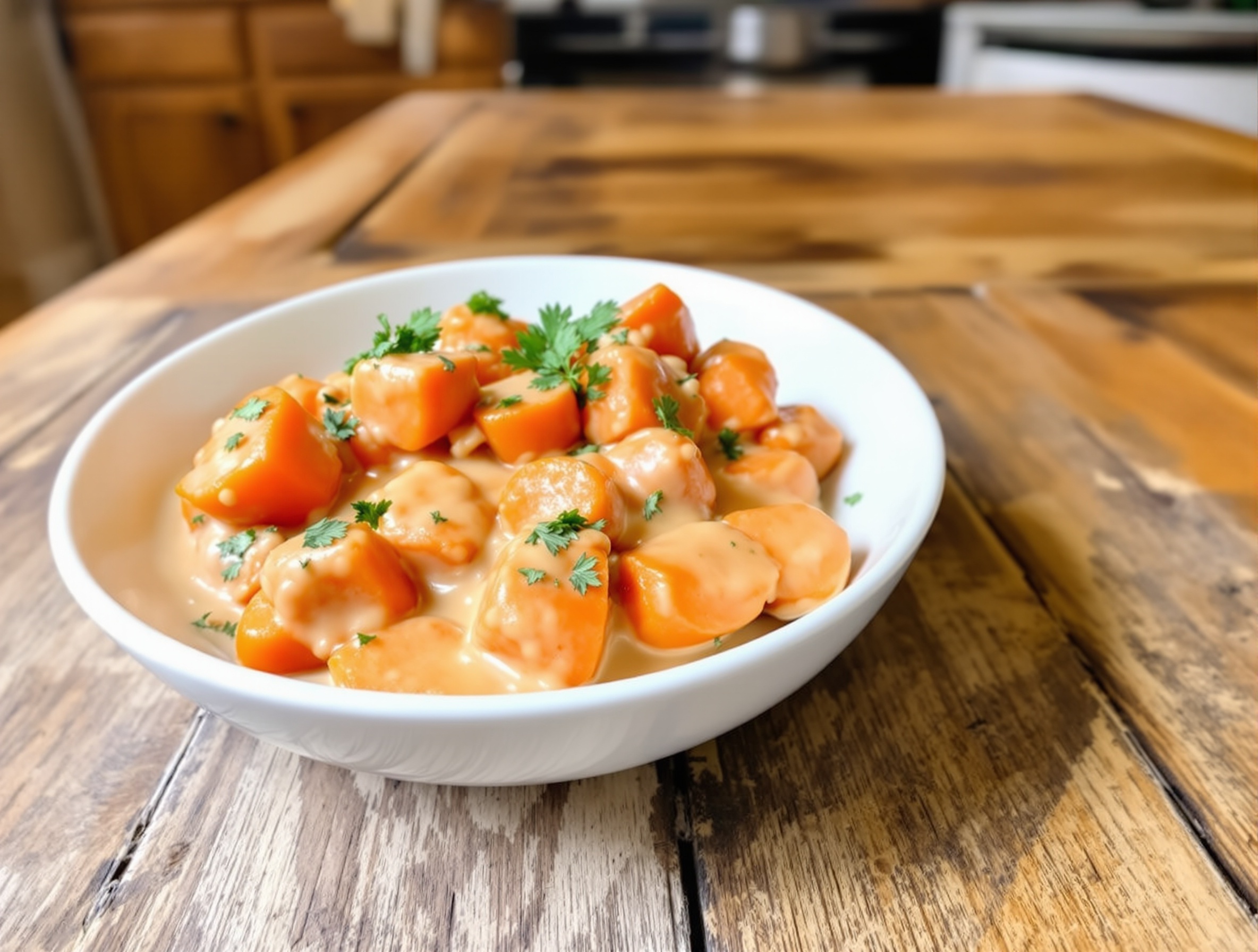 Creamy glazed carrots in a white bowl, garnished with parsley, on a rustic wooden table.