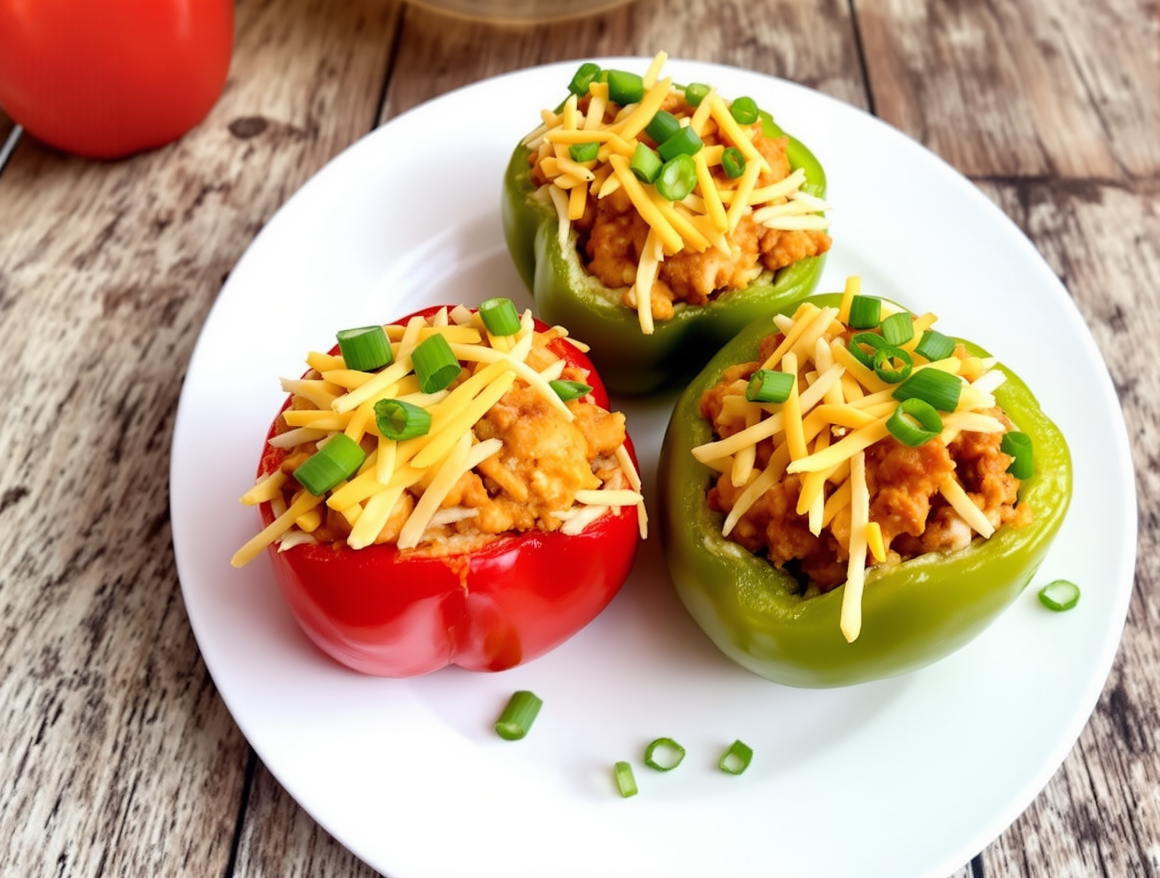 Keto stuffed peppers filled with buffalo chicken, topped with melted cheese, garnished with green onions.