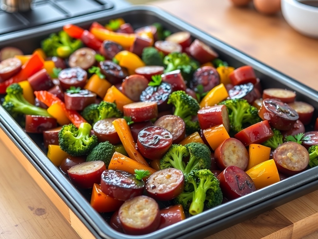 A sheet pan of roasted honey garlic vegetables and sausage, featuring broccoli, bell peppers, and sausage slices, garnished with parsley.