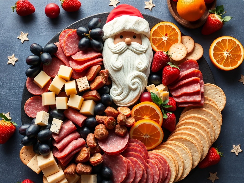 Festive charcuterie board with cheeses, meats, fruits, and crackers arranged to resemble Santa Claus.