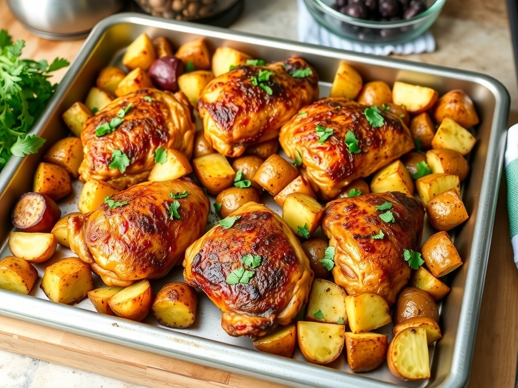 Sheet pan with curried chicken thighs and roasted potatoes, garnished with herbs.