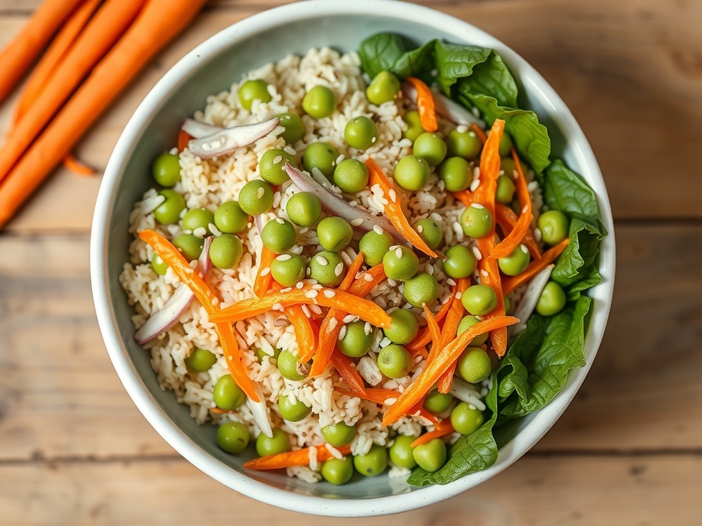 A vibrant bowl of edamame and brown rice with colorful vegetables.