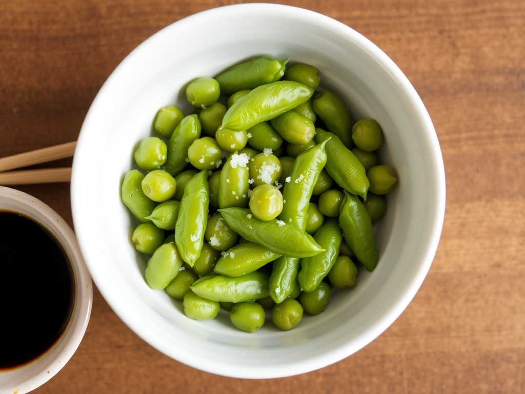 A bowl of edamame sprinkled with sea salt