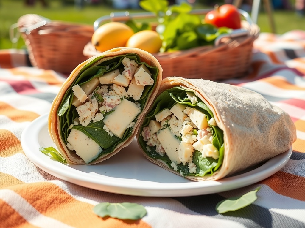 A delicious egg salad and spinach wrap on a plate, showcasing fresh ingredients.