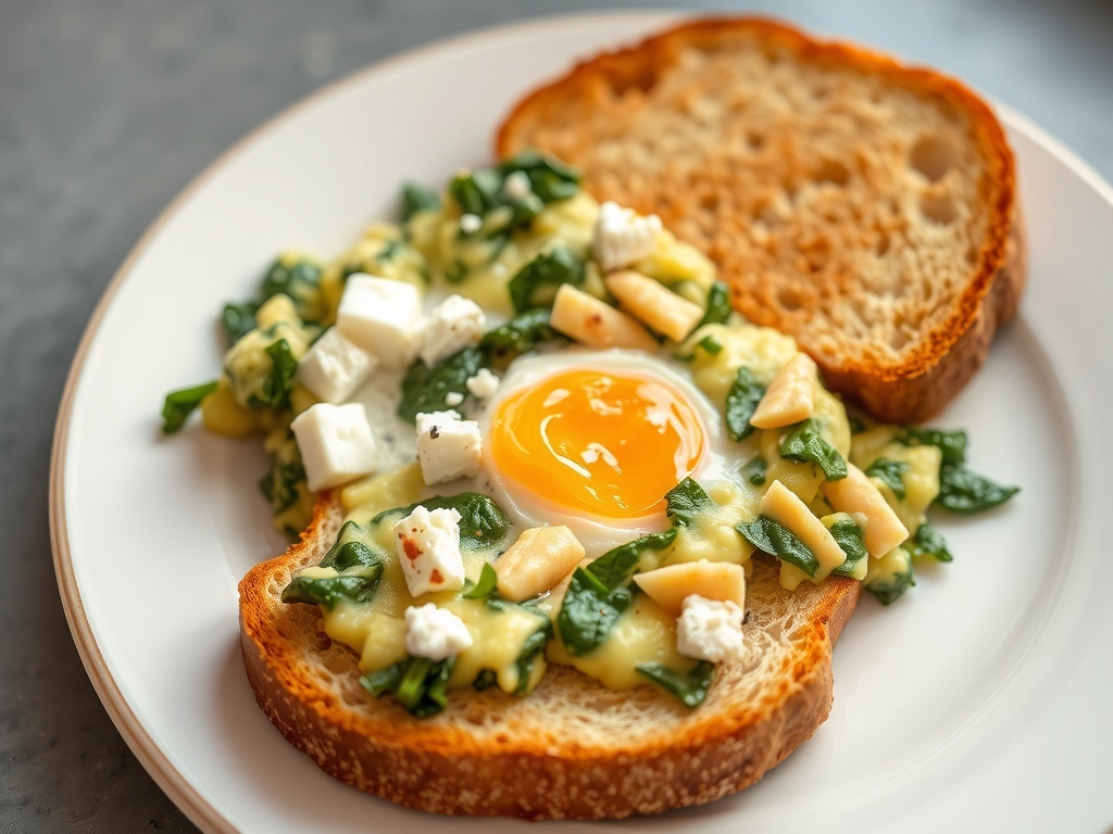 A plate of egg scramble with spinach and feta, served with a slice of bread.