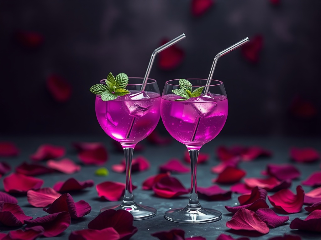 Mystical Purple Non-Alcoholic Mocktail Recipe 3D purple mocktail in a fancy wine glass with peppermint garnish and gold straw, set against a dramatic black background with lightning.