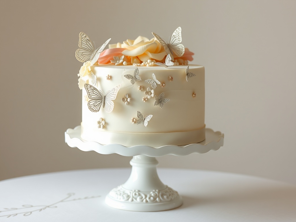 A beautiful white buttercream cake decorated with silver butterflies and pastel roses on a white cake stand.