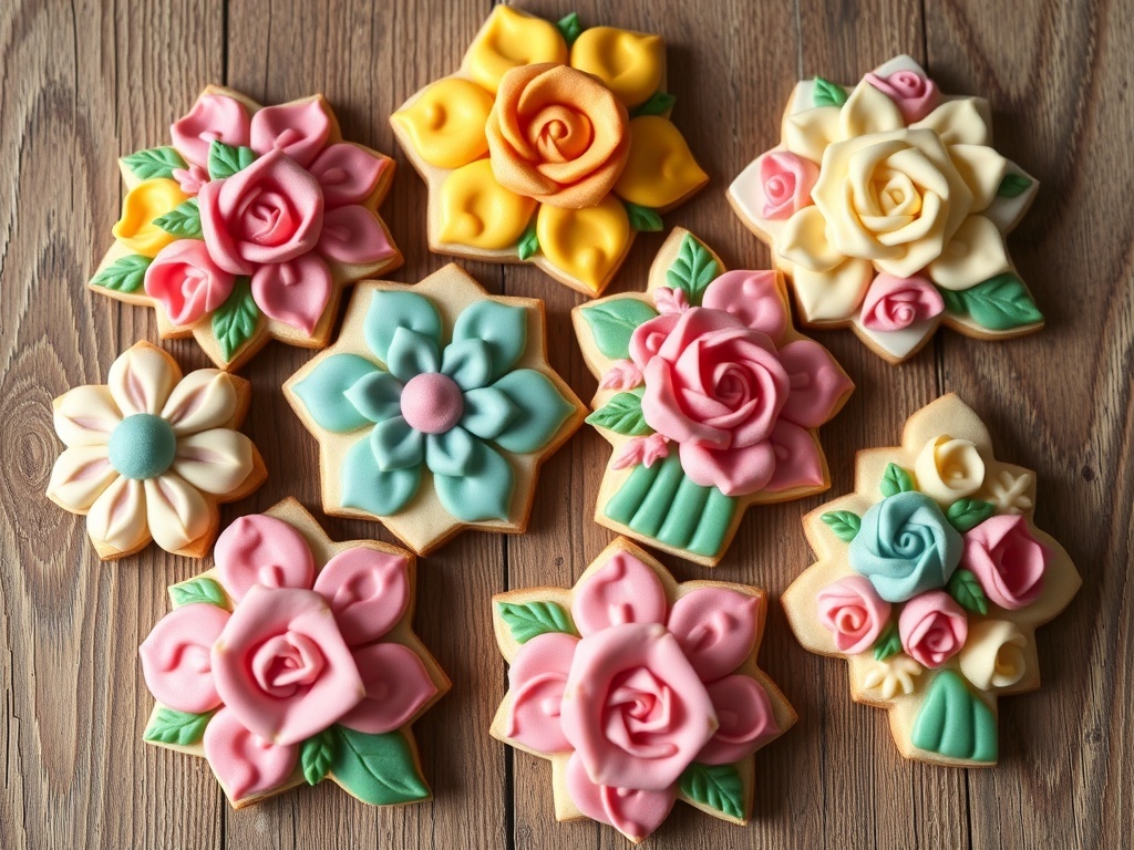 An assortment of beautifully decorated floral cookies in various shapes and colors.