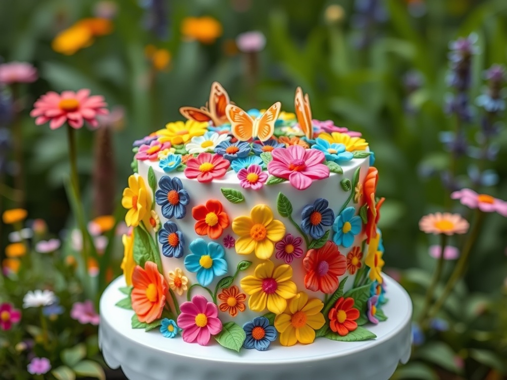 A beautifully decorated floral buttercream cake with colorful flowers and butterflies on top, set against a garden backdrop.