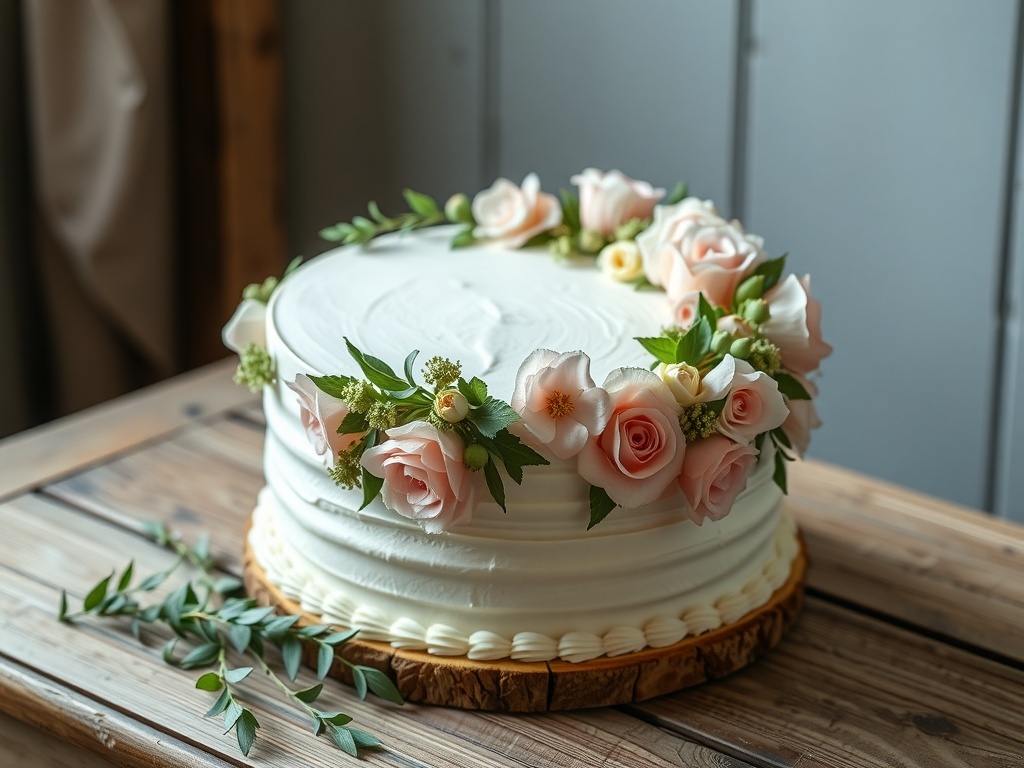 A beautifully decorated floral buttercream cake with pink roses and greenery.