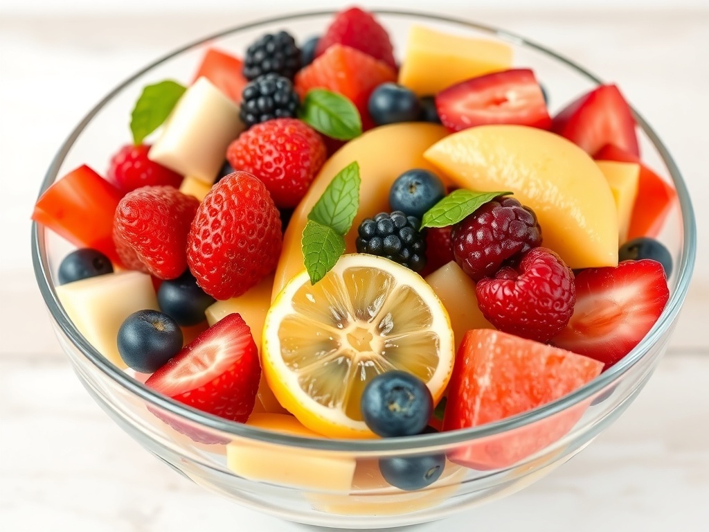 A colorful bowl of fruit salad with strawberries, blueberries, raspberries, peaches, and lemon slices.