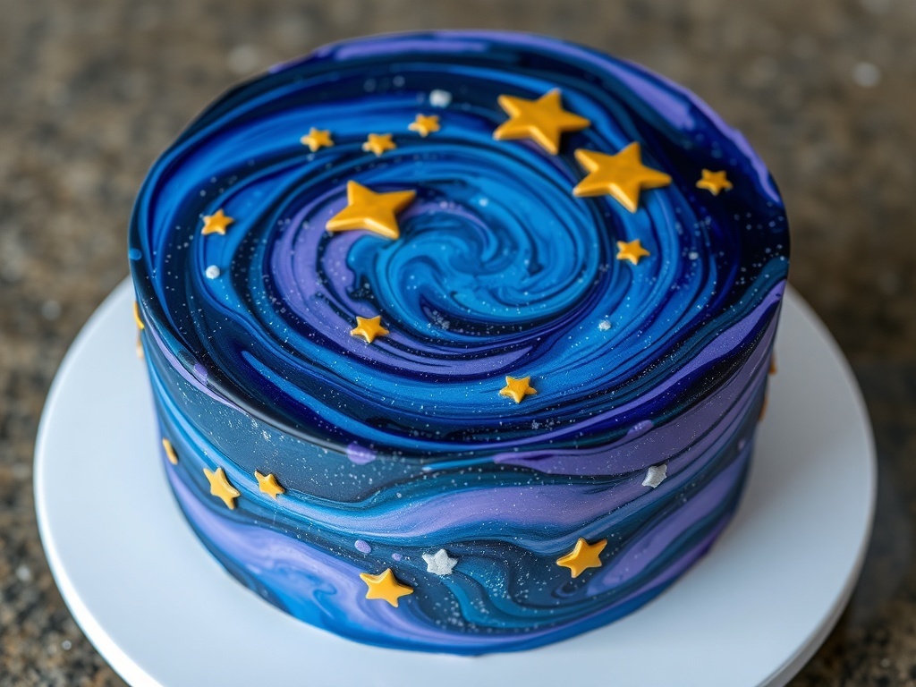 A beautifully decorated galaxy cake with purple and blue swirls and yellow star accents.